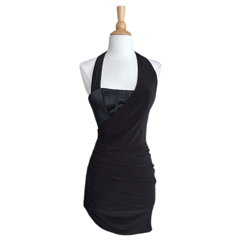 BEBE Y2K Black Corset Halter Mini Dress Gothic Form Fitting Ruched‎ Size XS